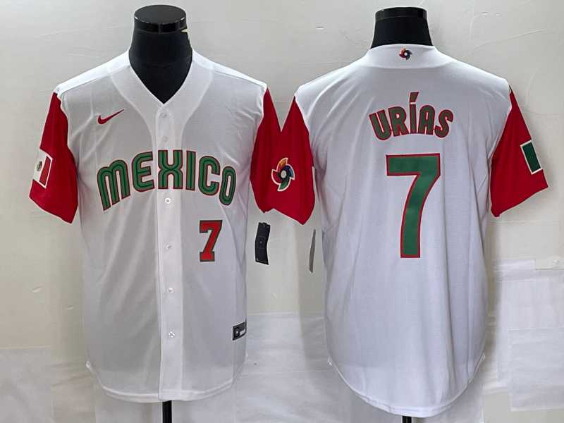 Men%27s Mexico Baseball #7 Julio Urias Number 2023 White Red World Classic Stitched Jersey52